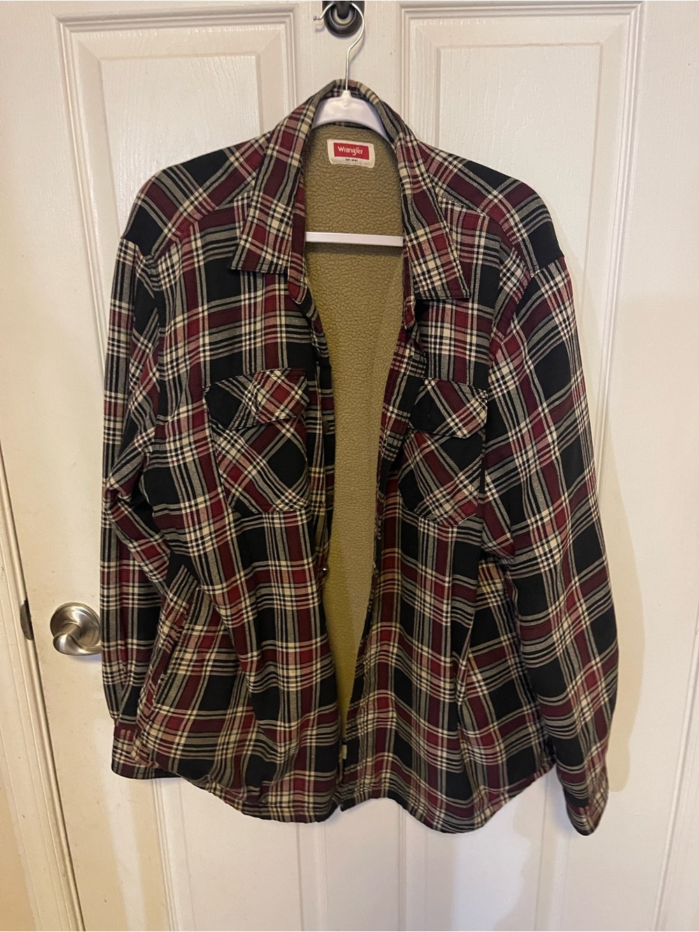 Wrangler Black and Burgundy Plaid Sherpa-Lined Utility Jacket